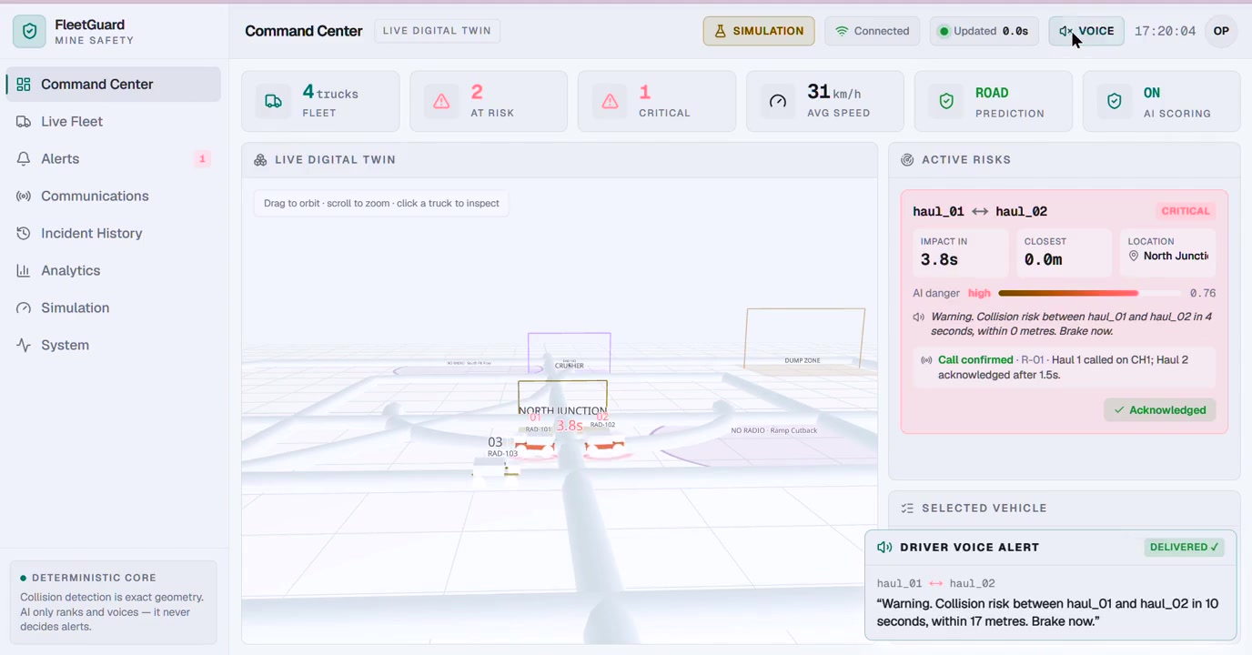 Collision Alert System control-room map showing converging vehicle paths and an early warning