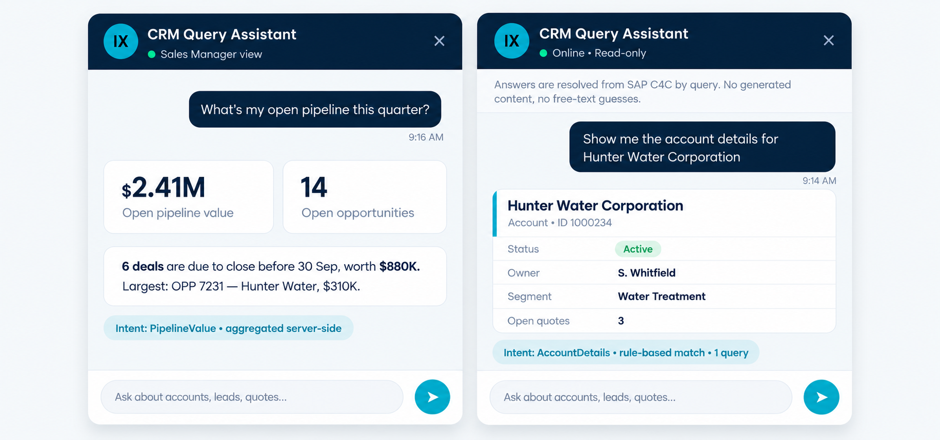 CRM Query Assistant showing open pipeline value and opportunities