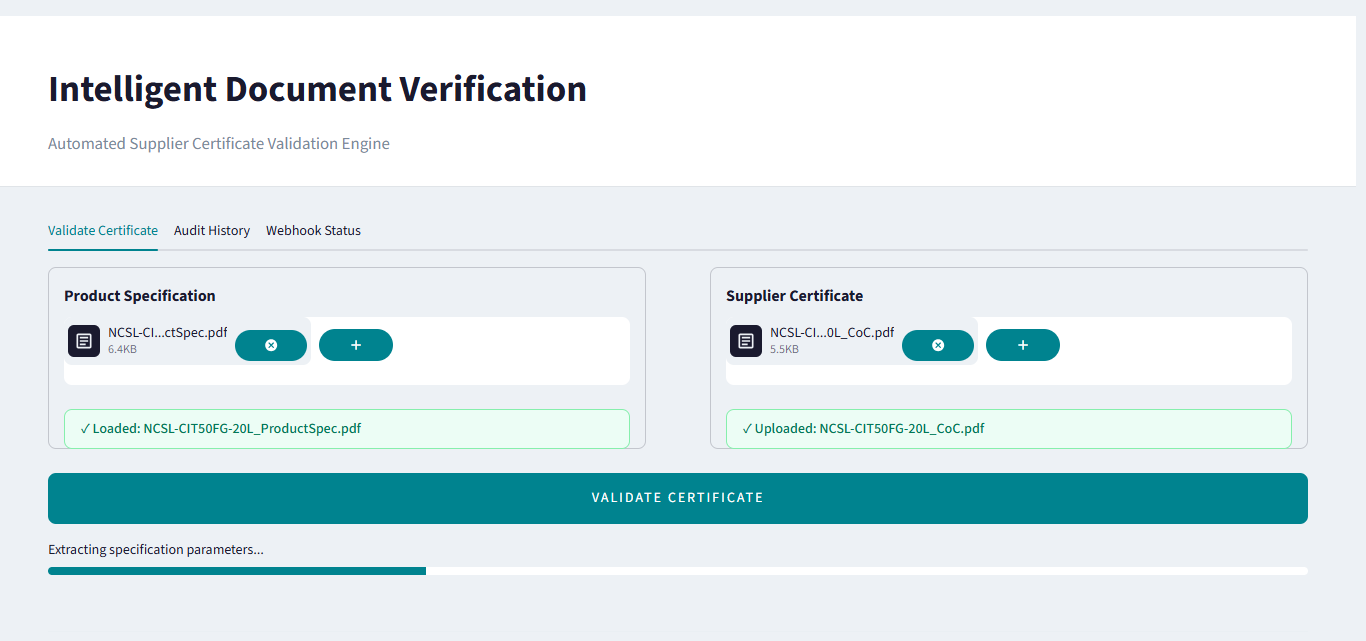 Intelligent Document Verification app validating a supplier certificate against a product specification