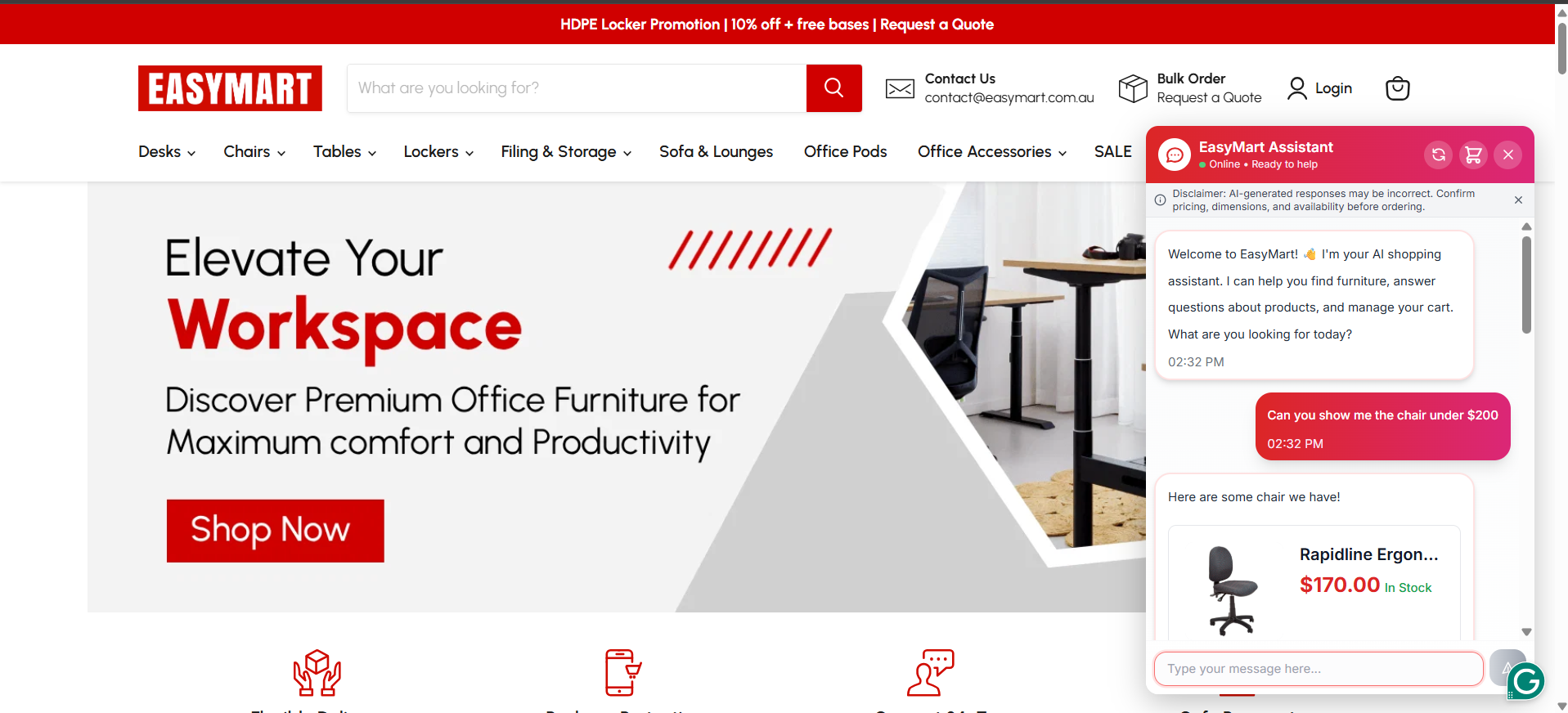 AI shopping assistant answering a shopper's product question and showing an in-stock chair under $200