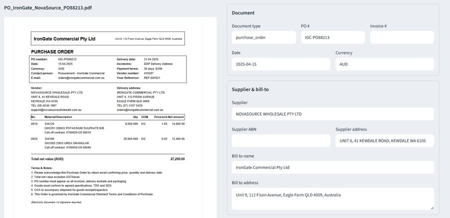 Purchase order PDF automatically extracted into structured document, supplier and bill-to fields